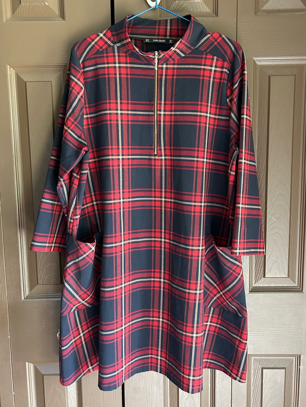 Zara Red and Black Plaid Long-Sleeve Tunic Dress